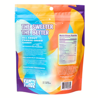 Back of the bag of freeze-dried fruity pops candy called 'Fruity' made by Kanpai Foodz. The packaging features the text 'The Sweeter The Better' and details about the product, including intensified flavor, deliciously crunchy texture, and freshness maintenance. There is also a nutrition facts label and a list of ingredients on the right side.