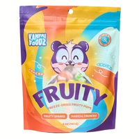 Front of the bag of freeze-dried fruity pops candy called 'Fruity' made by Kanpai Foodz, featuring a colorful design with a happy cartoon panda illustration and the text 'Fruity' prominently displayed. The packaging highlights the fruity sparks and magical crunchy aspects of the product.