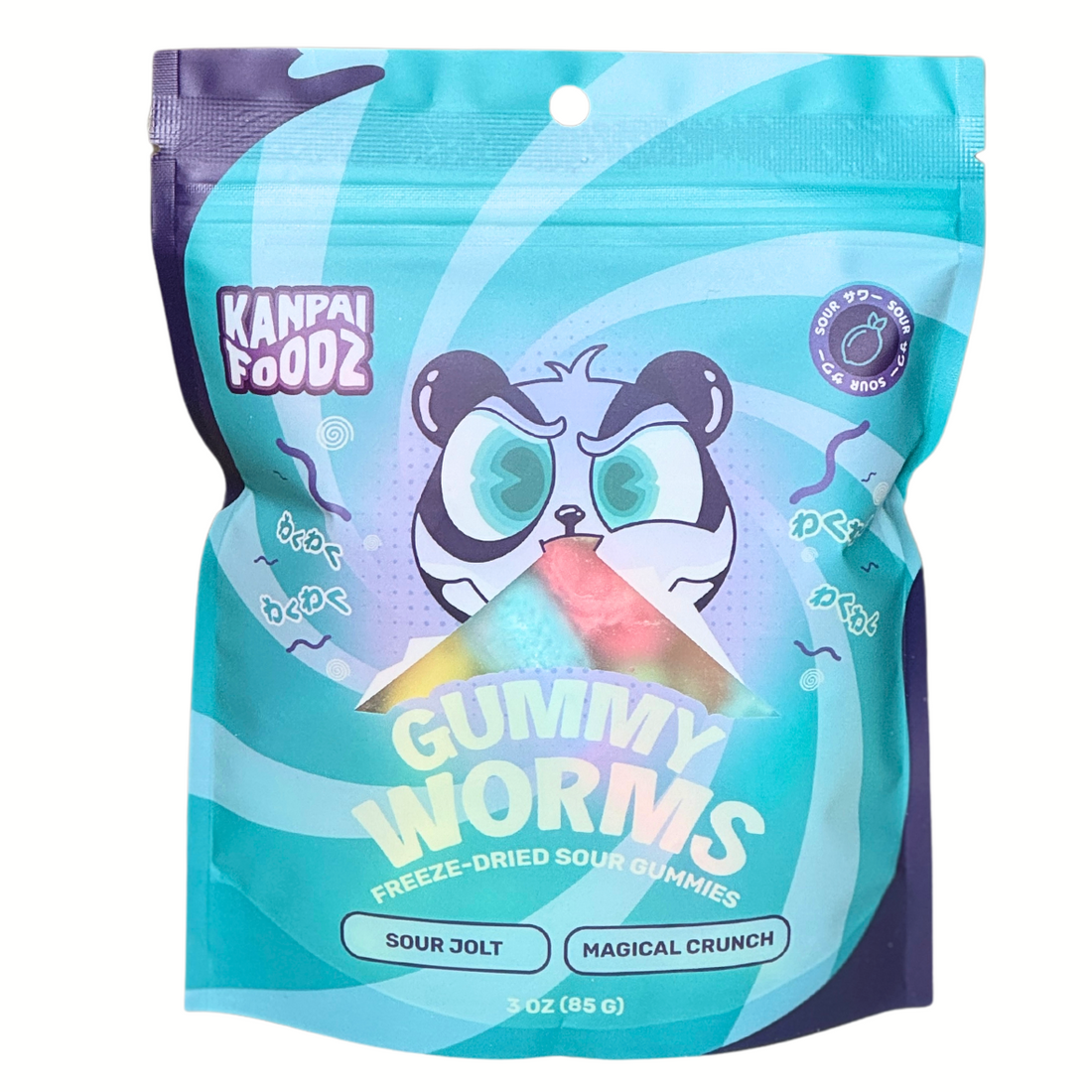 Front of the bag of freeze-dried sour gummies called 'Gummy Worms' made by Kanpai Foodz, featuring a blue and green design with an angry cartoon panda illustration and the text 'Gummy Worms' prominently displayed. The packaging highlights the sour jolt and magical crunch of the product.