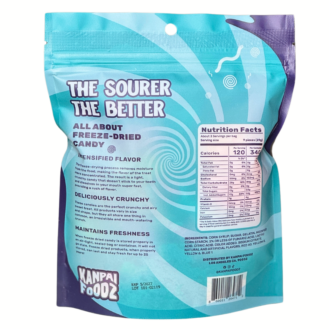 Back of the bag of freeze-dried sour gummies called 'Gummy Worms' made by Kanpai Foodz. The packaging features the text 'The Sourer The Better' and details about the product, including intensified flavor, deliciously crunchy texture, and freshness maintenance. There is also a nutrition facts label and a list of ingredients on the right side.