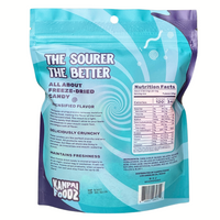 Back of the bag of freeze-dried sour gummies called 'Gummy Worms' made by Kanpai Foodz. The packaging features the text 'The Sourer The Better' and details about the product, including intensified flavor, deliciously crunchy texture, and freshness maintenance. There is also a nutrition facts label and a list of ingredients on the right side.