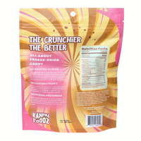 Back of the bag of freeze-dried cookie dough candy made by Kanpai Foodz. The packaging features the text 'The Crunchier The Better' and details about the product, including intensified flavor, deliciously puffy texture, and freshness maintenance. There is also a nutrition facts label and a list of ingredients on the right side.