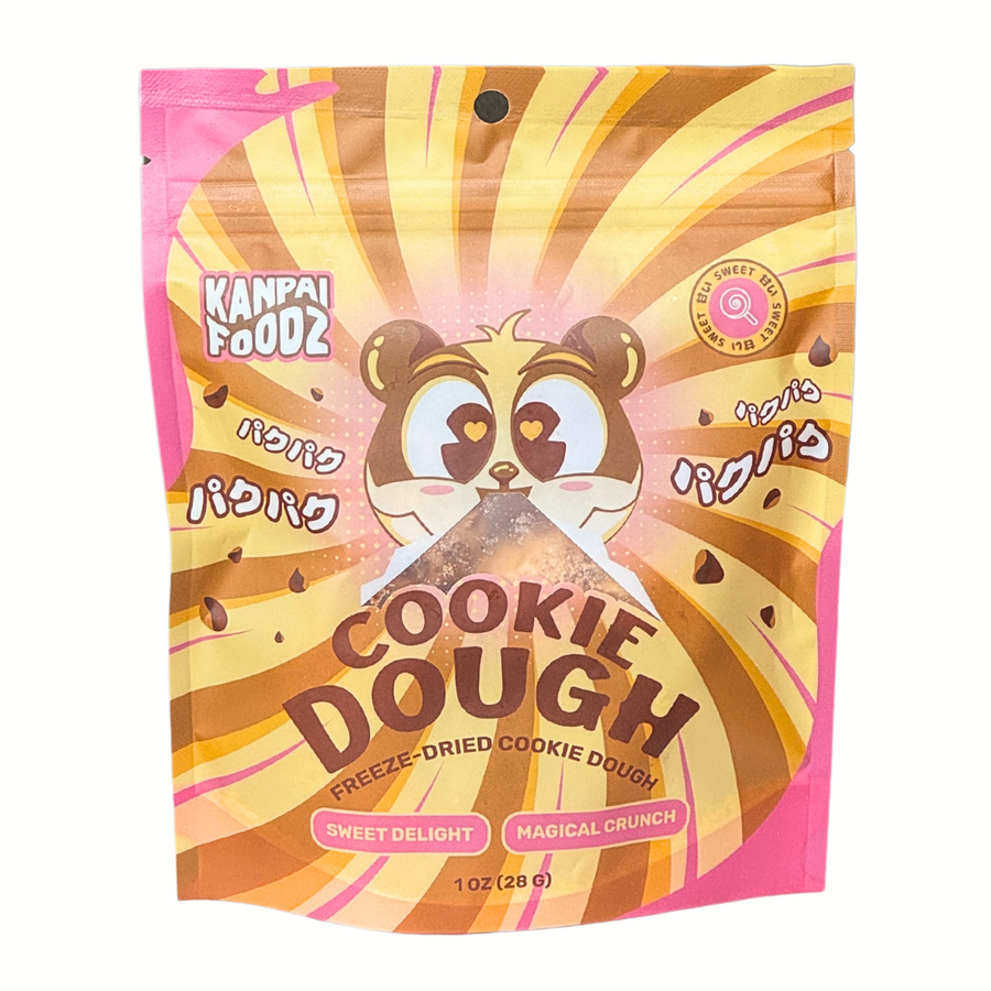 Front of the bag of freeze dried cookie dough candy made by Kanpai Foodz, featuring a brown and pink design with a happy cartoon panda illustration and the text 'Cookie Dough' prominently displayed. The packaging highlights the sweet delight and magical crunch of the product.